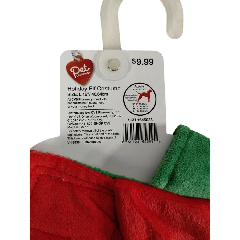 Pet Central Holiday Elf Dog Size L Green Red Costume